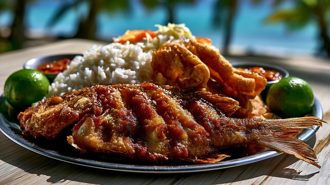 pescado frito on large metal serving platter, positioned center-left on a light beach wood table