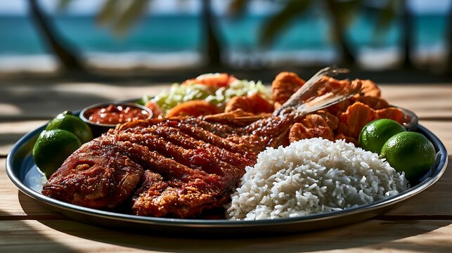 pescado frito on large metal serving platter, positioned center-left on a light beach wood table