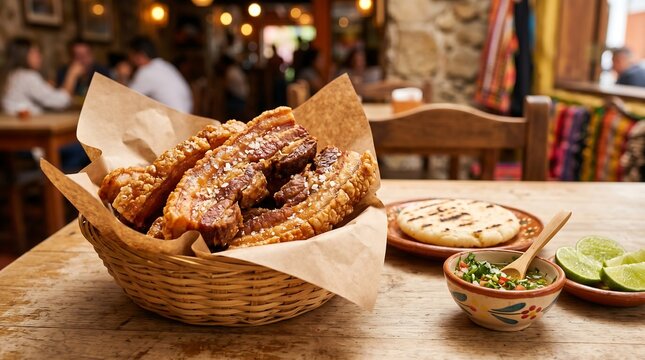 Colombian chicharr&oacute;n in artisan wicker basket lined with kraft paper, positioned center-left on a light wood table