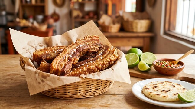 Colombian chicharr&oacute;n in artisan wicker basket lined with kraft paper, positioned center-left on a light wood table