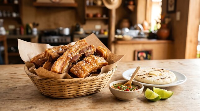 Colombian chicharr&oacute;n in artisan wicker basket lined with kraft paper, positioned center-left on a light wood table