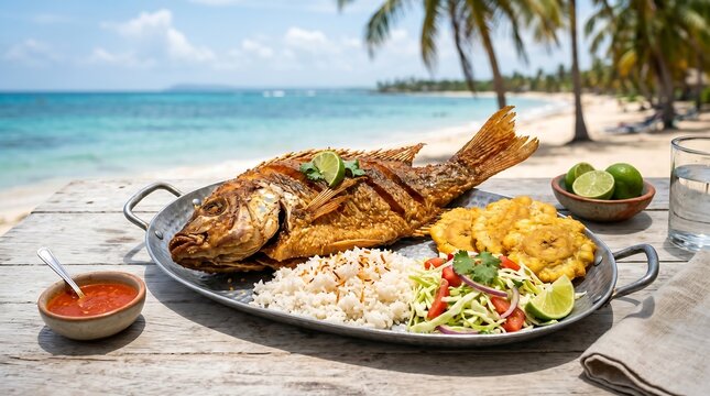 pescado frito on large metal serving platter, positioned center-left on a light beach wood table