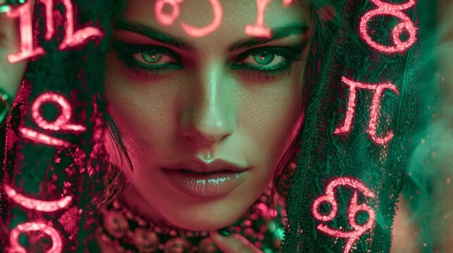 Woman with glowing red zodiac symbols wearing black lace veil