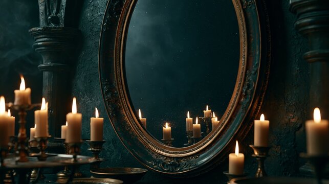 Antique oval mirror reflecting starry night sky with lit candles