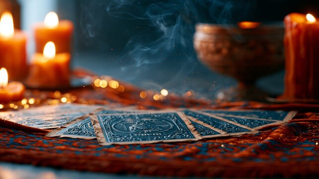 Blue tarot cards spread on table near burning candles