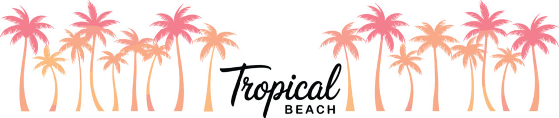 Tropical beach palm tree illustration, summer holiday travel background, sunset coconut trees, paradise island vector design, exotic vacation nature element © Yasmin Creative 
