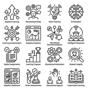 Collection of sixteen black line icons for adaptive learning and educational technology, featuring personalized study, AI education, student insights, and educational automation.