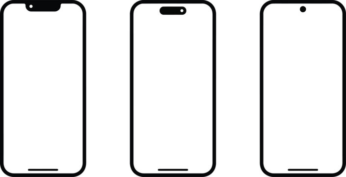 Smartphone screen vector template set with different camera notch styles