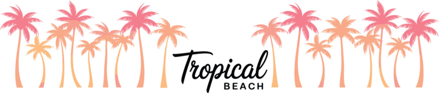 Tropical beach palm tree illustration, summer holiday travel background, sunset coconut trees, paradise island vector design, exotic vacation nature element