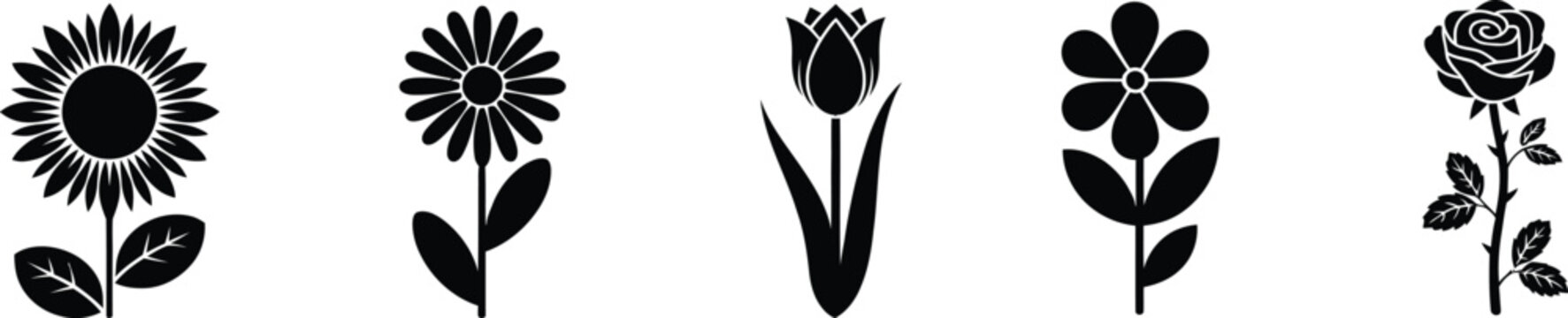 Flower silhouettes vector set with stems and leaves of black floral icons