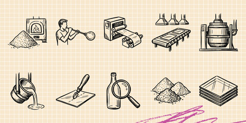 Black ink scribble doodle vector vintage hand drawn set of outdoor camping nature adventure forest hike travel fire and survival tent © Broke Stoke
