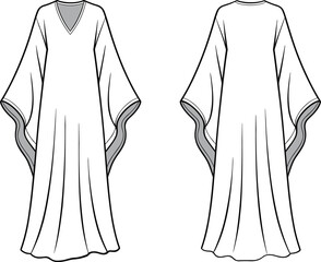 Women’s kaftan dress CAD flat sketch, fashion technical drawing, vector clothing illustration with wide sleeves, loose fit, elegant garment template © Yasmin Creative 
