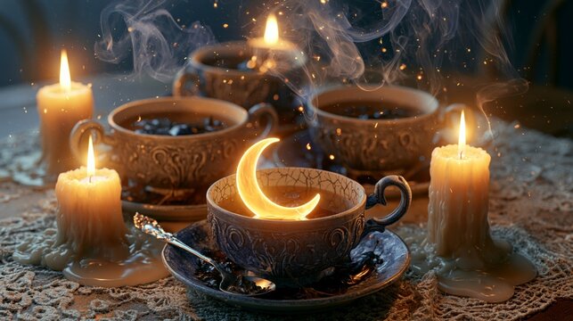 Mystical tea cups with glowing crescent moon and burning candles