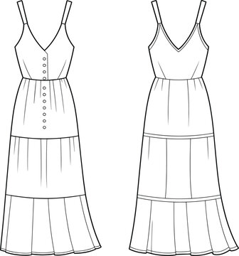Women&rsquo;s sleeveless maxi dress fashion flat sketch, V-neck strappy gown design with button front, elegant apparel illustration, technical clothing template