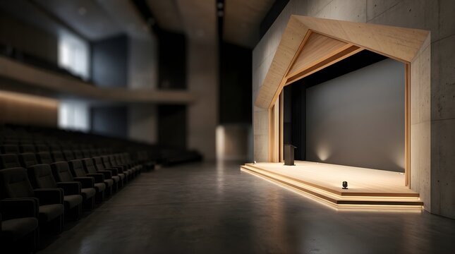 Empty Wooden Stage for Conference Presentation in Modern Auditorium Hall
