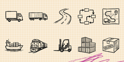 Black ink scribble doodle vector vintage hand drawn set of railway train transport travel track locomotive public station trip and cargo journey © Broke Stoke