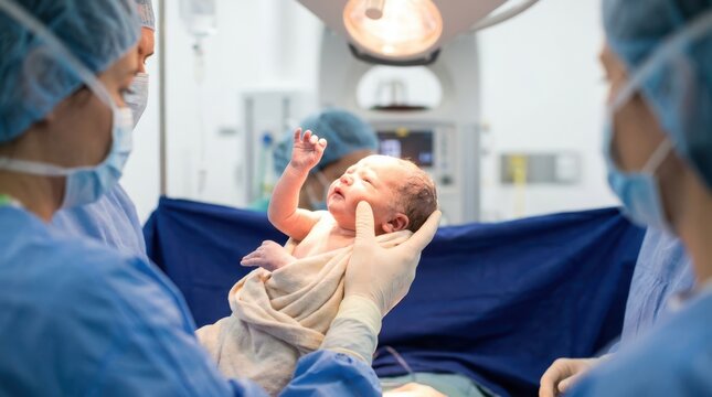 Obstetrician holding newborn baby during surgical delivery at hospital maternity labor and delivery.