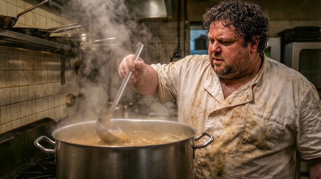 Professional Chef Cooking Large Pot of Soup in Busy Commercial Kitchen