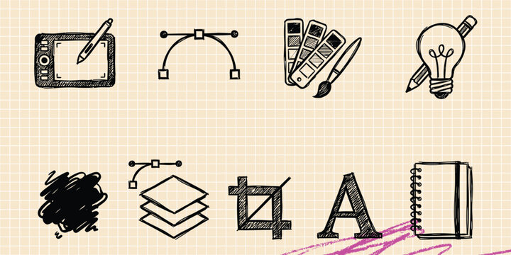 Black ink scribble doodle vector vintage hand drawn set of computer monitor screen display tv electronic technology multimedia pc and device workplace