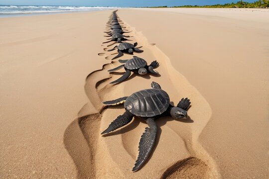 Leatherback turtle hatchlings crossing warm