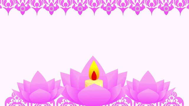 Lotus flower candle flanked by blooming blossoms on a light pink ornamental background.