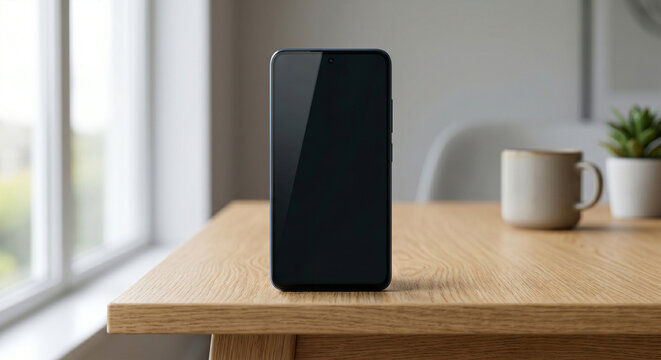 Blank smartphone screen mockup on wooden desk, minimalist home office background, copy space for UI design