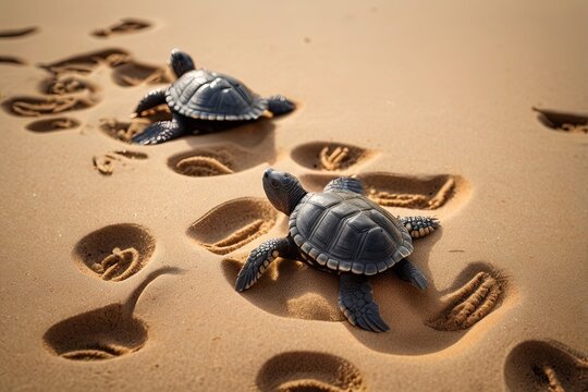 Leatherback turtle hatchlings crossing warm