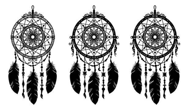 Hand drawn dream catcher silhouette vector with feathers and beads