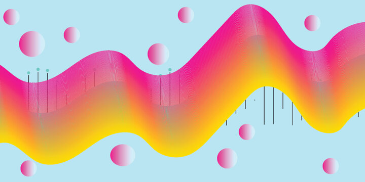 Modern abstract background with colorful gradient wavy lines, vibrant pink spheres, and creative audio frequency bars on a light blue backdrop.