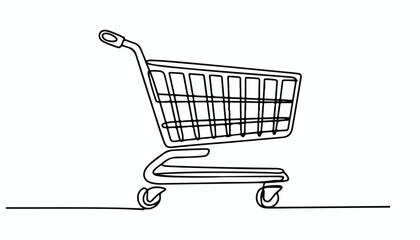 One continuous line illustration of an shopping cart , isolated on white background. © line