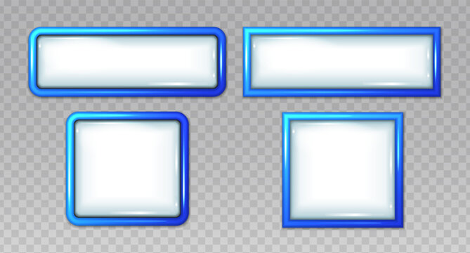Realistic vector set of glossy blue rectangular and square buttons with blank white centers. Shiny 3D interface elements isolated on transparent background for web, app and game UI design.