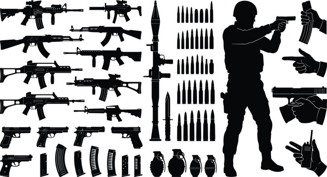 Military weapon silhouettes collection with rifles, pistols, grenades, bullets, soldier figure, combat knife, firearm handling vector illustration design