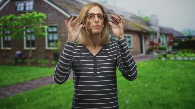 Woman adjusting glasses with hands, wearing striped top while standing on a lawn path in front of a brick building with windows; contemplation.