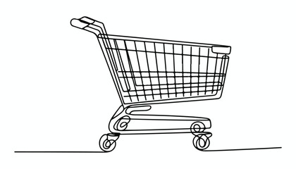 One continuous line illustration of an shopping cart , isolated on white background. © line