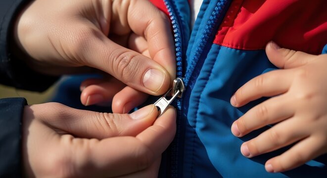 Adult hands assisting child with zipping colorful jacket outdoors up close