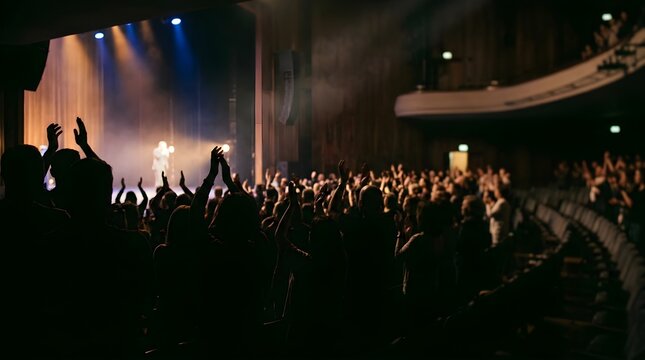 Silhouette of audience applauding a performer on a brightly lit theater stage