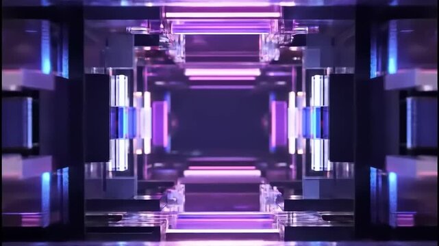 Abstract, futuristic hallway composed of glass and metal structures with violet and blue lighting