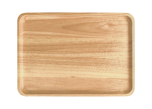 Top view rectangular wooden tray isolated on white background
