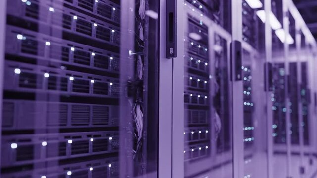 Purple tone data storage infrastructure room with glass cabinet reflections, illuminated rack servers, soft bokeh lights, and sleek secure cloud computing hardware corridor interior scene view