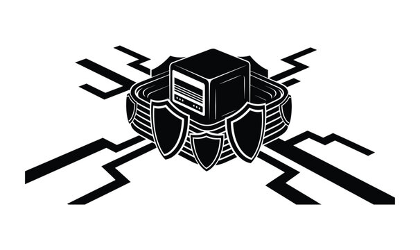 Futuristic vector technology illustration secure server protected by shields with dynamic energy lines cyber security concept