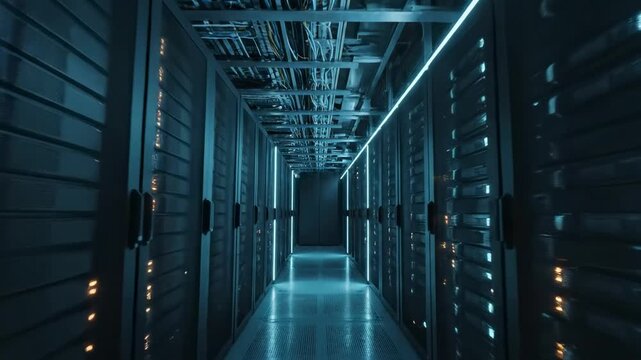 Cinematic data storage infrastructure tunnel with overhead cable trays, dark server cabinets, cyan edge lights, reflective floor, and deep perspective inside enterprise data center aisle passage
