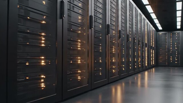Warm lit data storage infrastructure hall with long rows of dark server cabinets, amber activity lights, polished floor reflections, and secure enterprise computing environment interior aisle