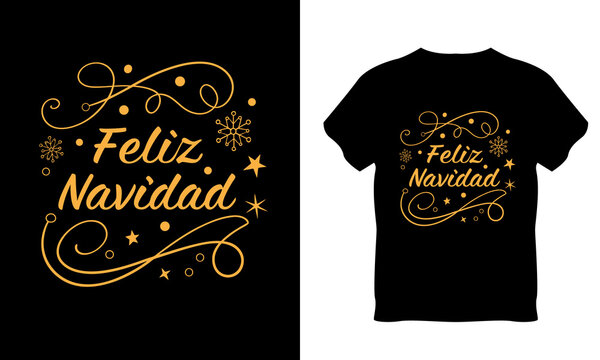 An elegant Christmas vector typography design featuring the traditional Spanish holiday greeting "Feliz Navidad" in stylish gold script lettering. The design is decorated with vintage swirls, flourish