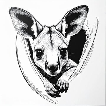 Baby Kangaroo Peeking from Pouch Line Art Black and White Animal Illustration