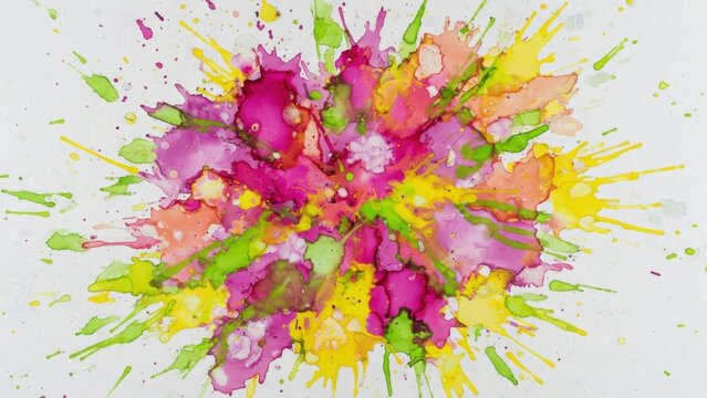 Colorful watercolor splatter forming floral abstract on paper