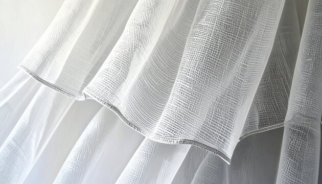 Crisp transparent organza fabric close-up with plain weave and hem detail in soft light