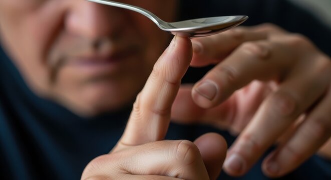 Close-up of hands holding a spoon with a person in the background indoors