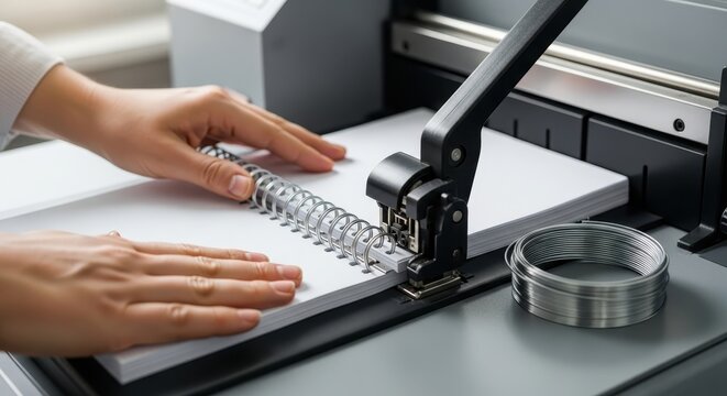 A person's hands are operating a spiral binding machine to attach pages.