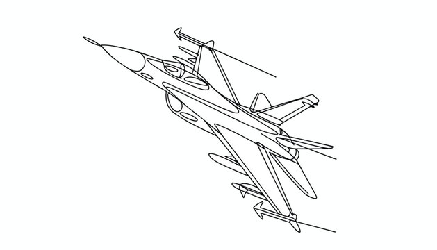 One continuous line illustration of an fighter jet , isolated on white background.