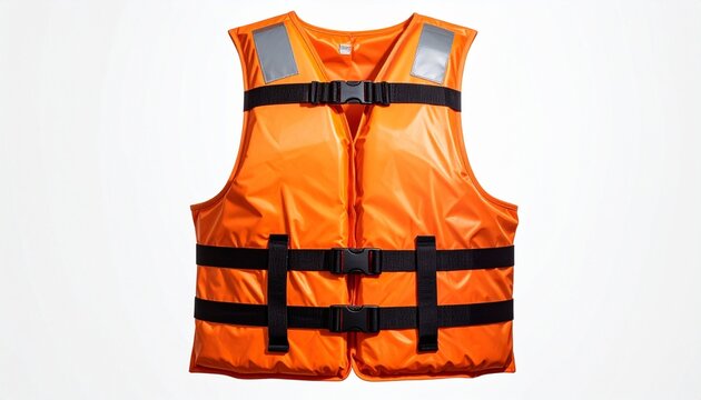 Bright orange life jacket with straps and reflective safety patches.